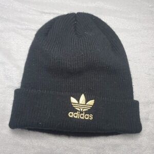 Adidas Black Beanie Hat OSFW Gold Logo Acrylic Warm Winter Knit
